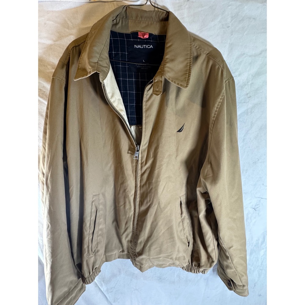 Nautica Mens Harrington Jacket Tan Khaki Full Zip Plaid Lined Bomber Coat Large